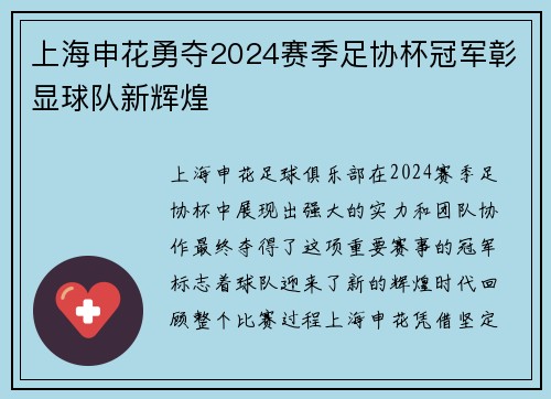 上海申花勇夺2024赛季足协杯冠军彰显球队新辉煌