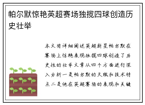 帕尔默惊艳英超赛场独揽四球创造历史壮举